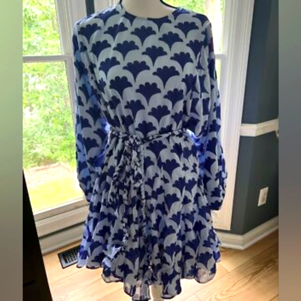 J. Marie Dress Blue (Size M) Ginkgo Leaf Print Tie Belt